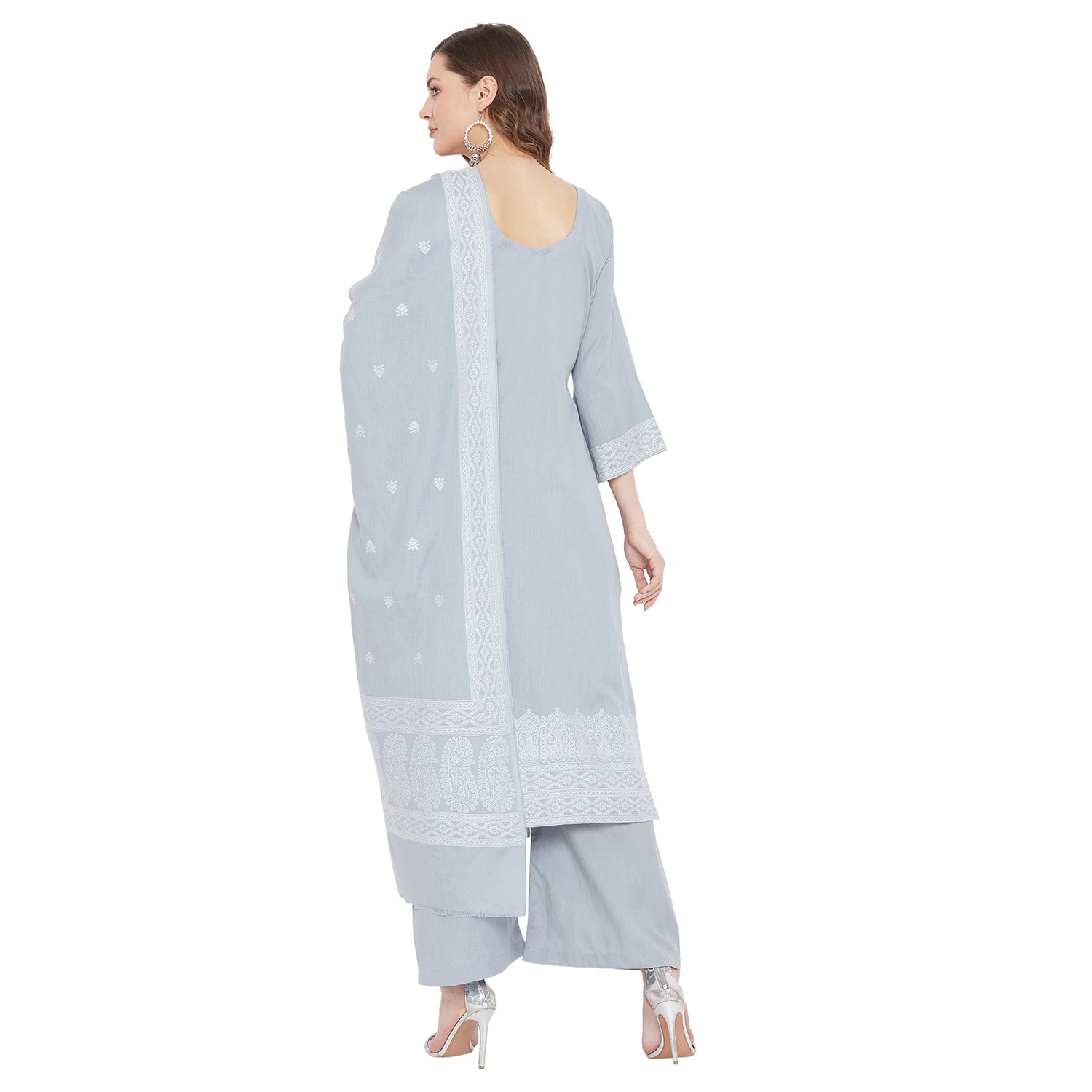 Chikankari Woven Cotton Grey Dress Material