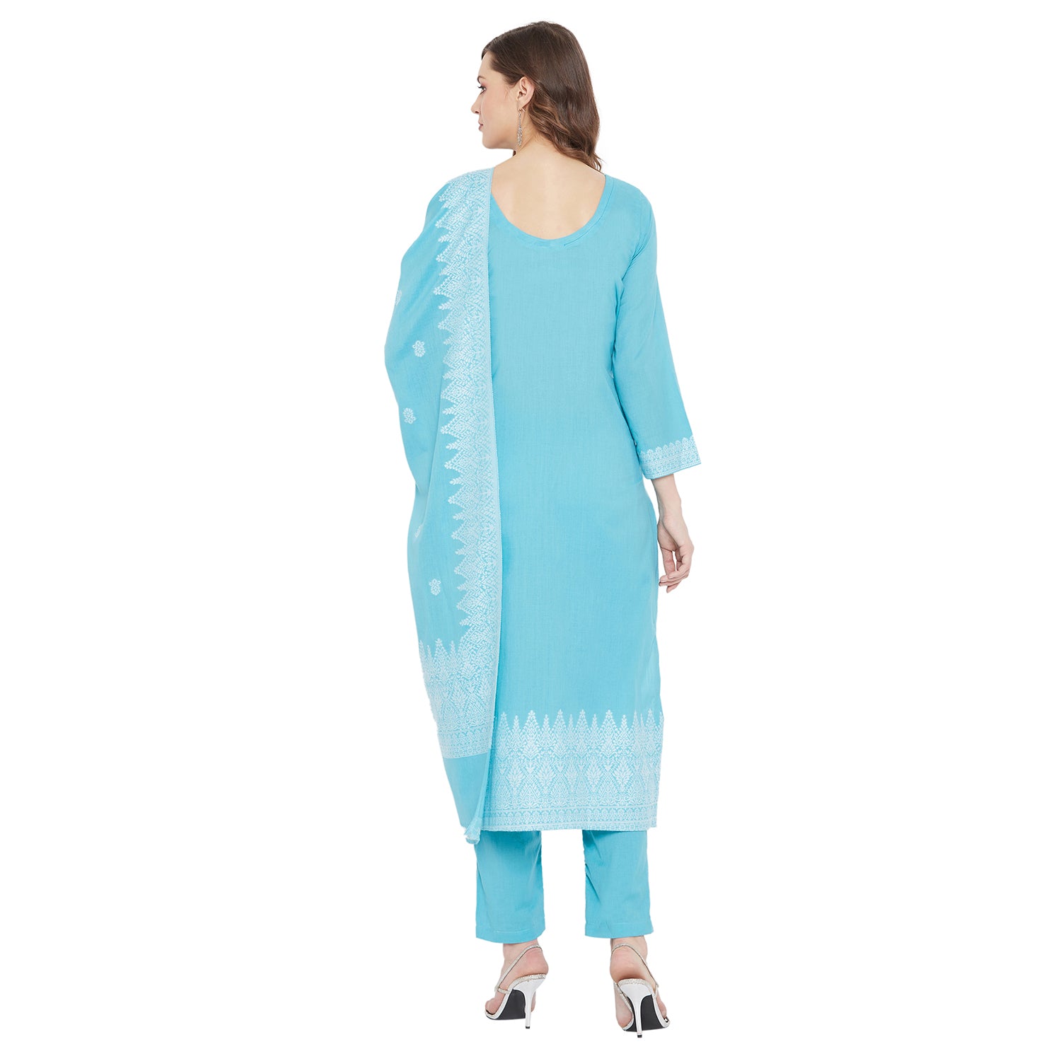 Chikankari Woven Cotton Ferozi Dress Material