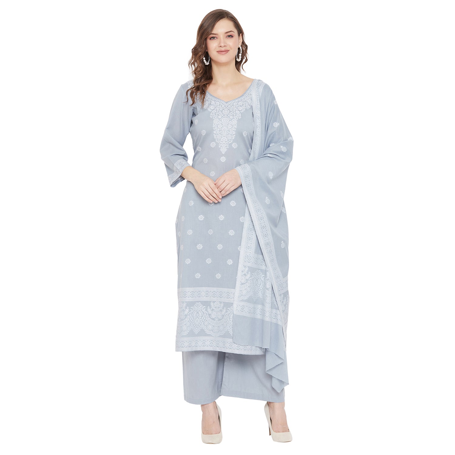 Chikankari Woven Cotton Grey Dress Material