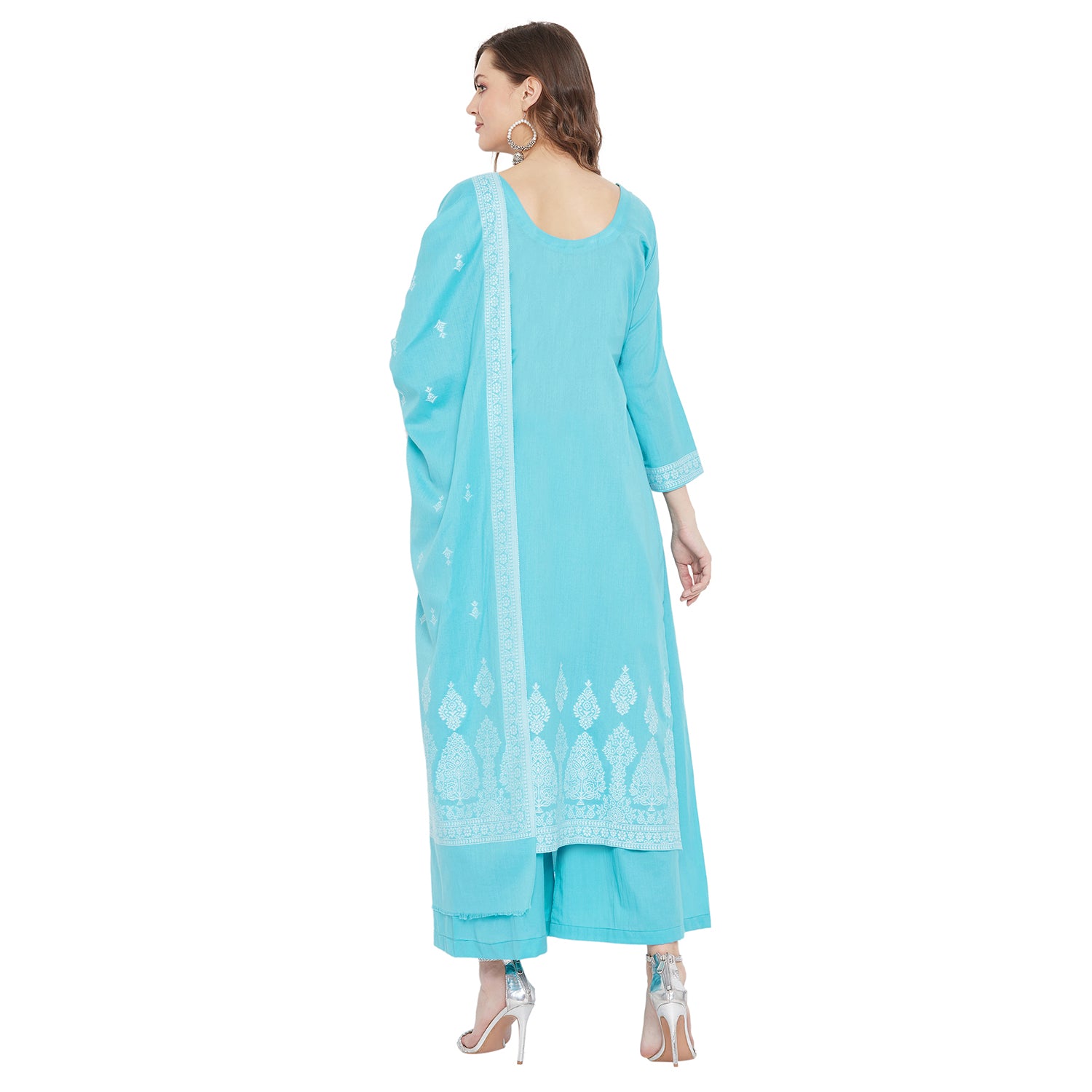 Chikankari Woven Cotton Ferozi Dress Material