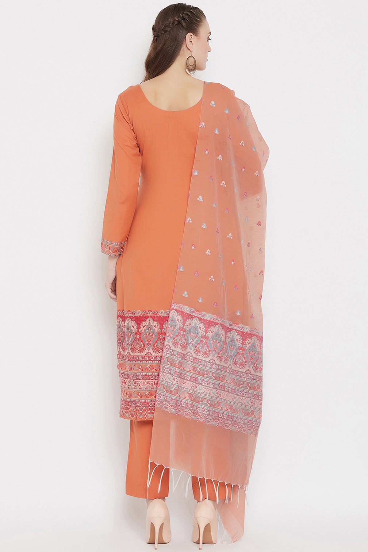 Cotton Kani Woven Orange Dress Material With Cotton Silk Dupatta