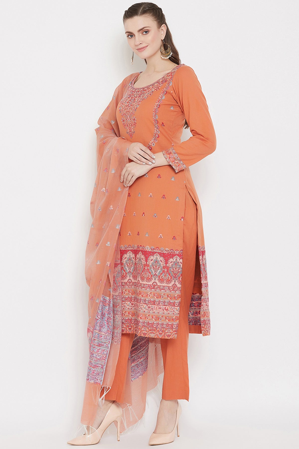 Cotton Kani Woven Orange Dress Material With Cotton Silk Dupatta