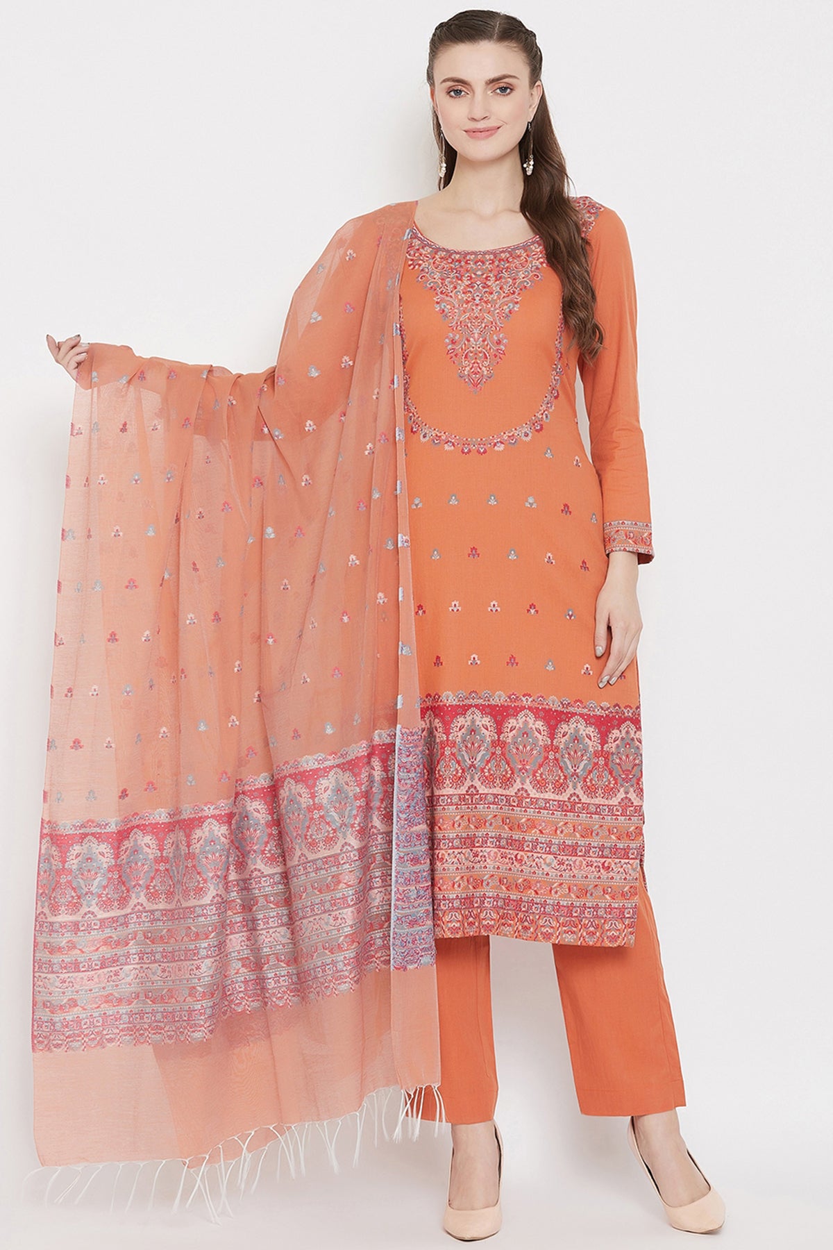 Cotton Kani Woven Orange Dress Material With Cotton Silk Dupatta