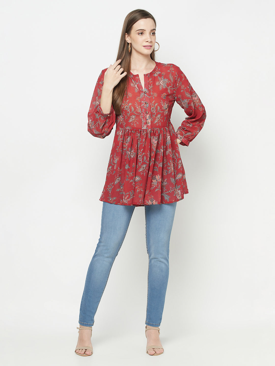 Casual Flared Sleeves Printed Women Multicolor Top