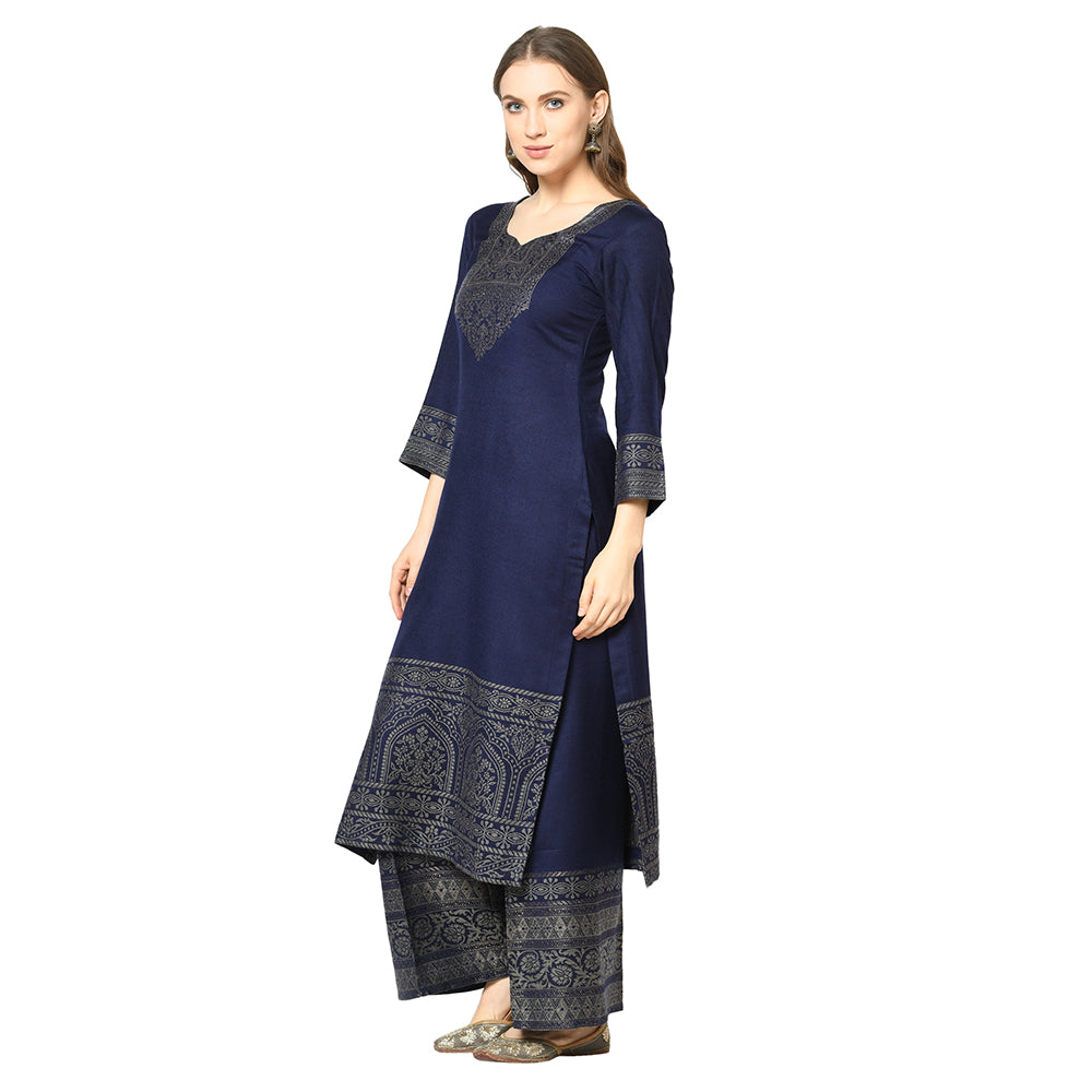 Kanthakari Acro Wool Navy Dress Material with Stole