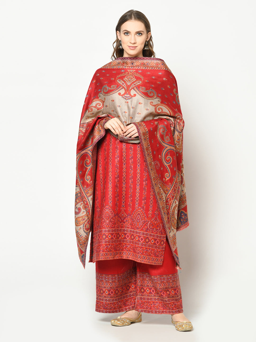 Acro Wool Red Dress Material with Stole