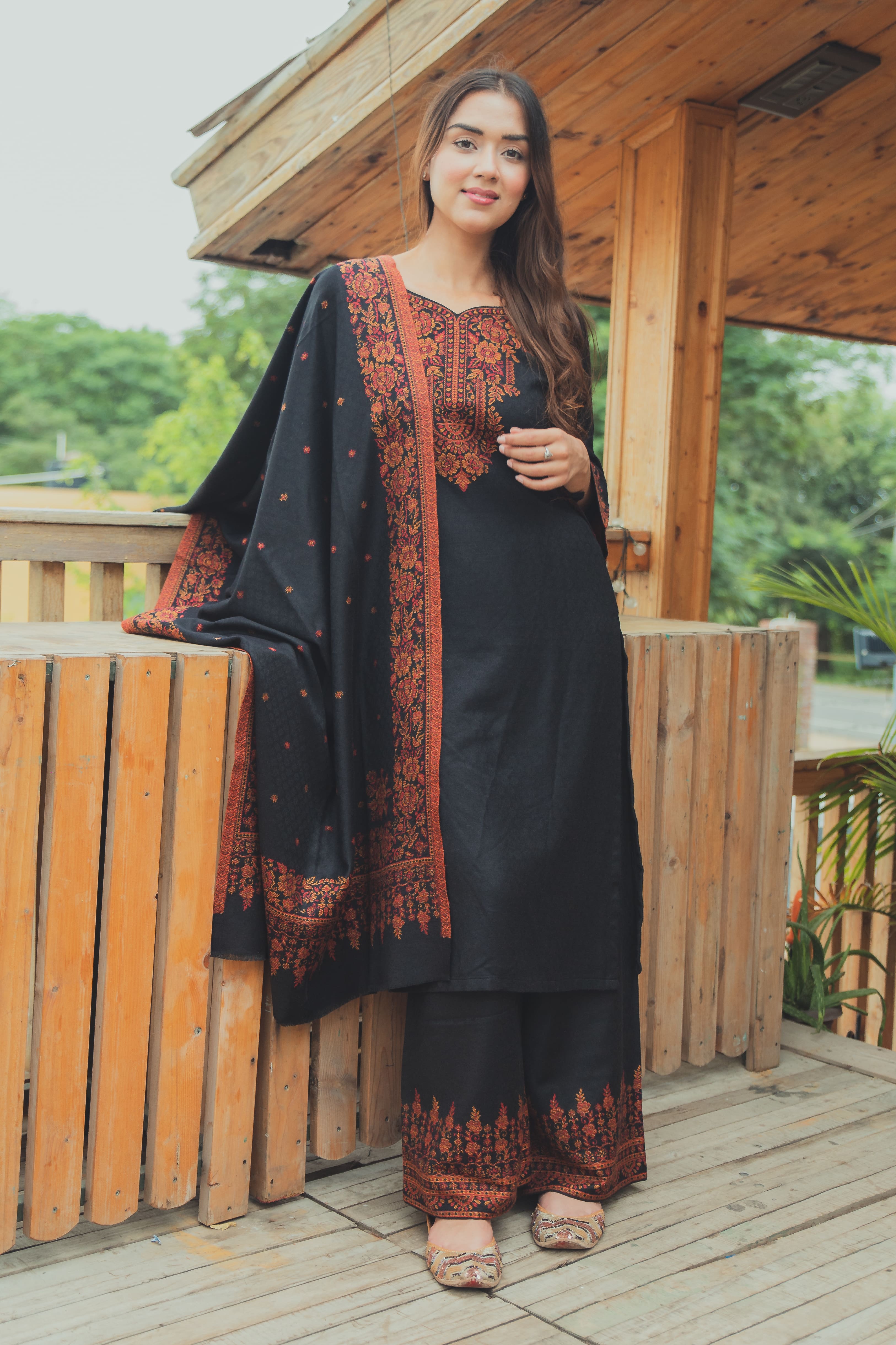 Acro Wool Black Dress Material with Stole