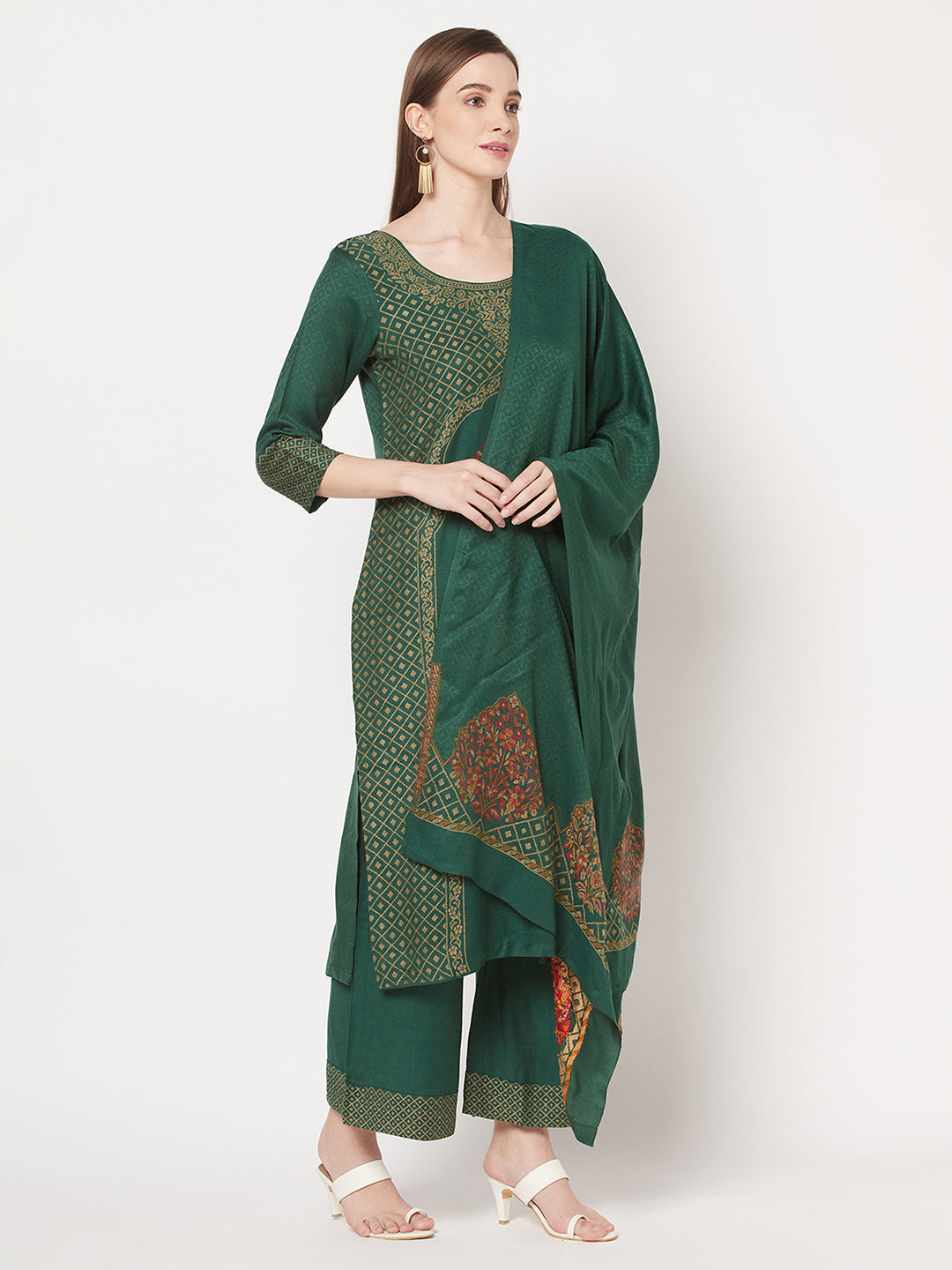 Acro Wool Green Dress Material with Stole