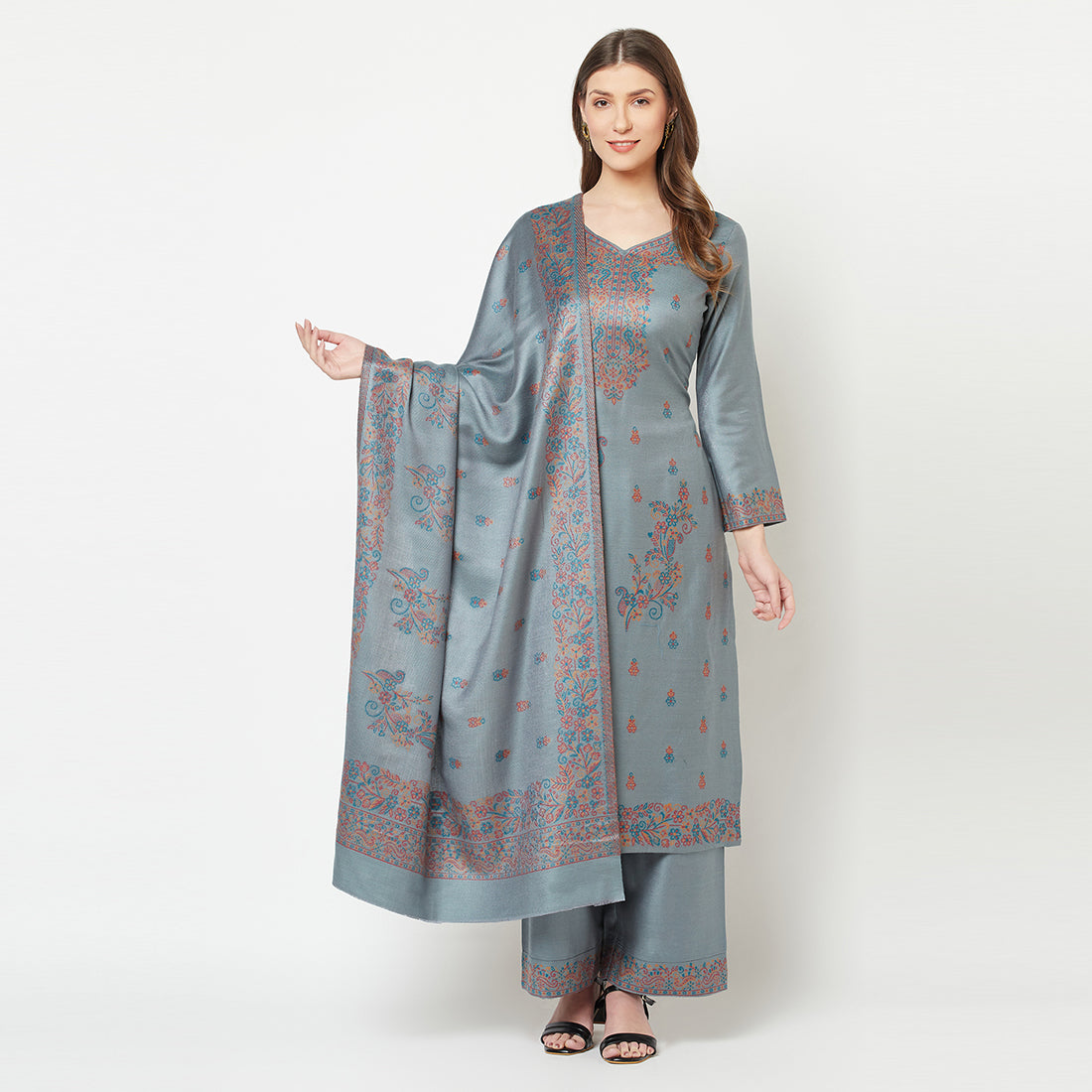 Acro Wool Grey Dress Material with Stole