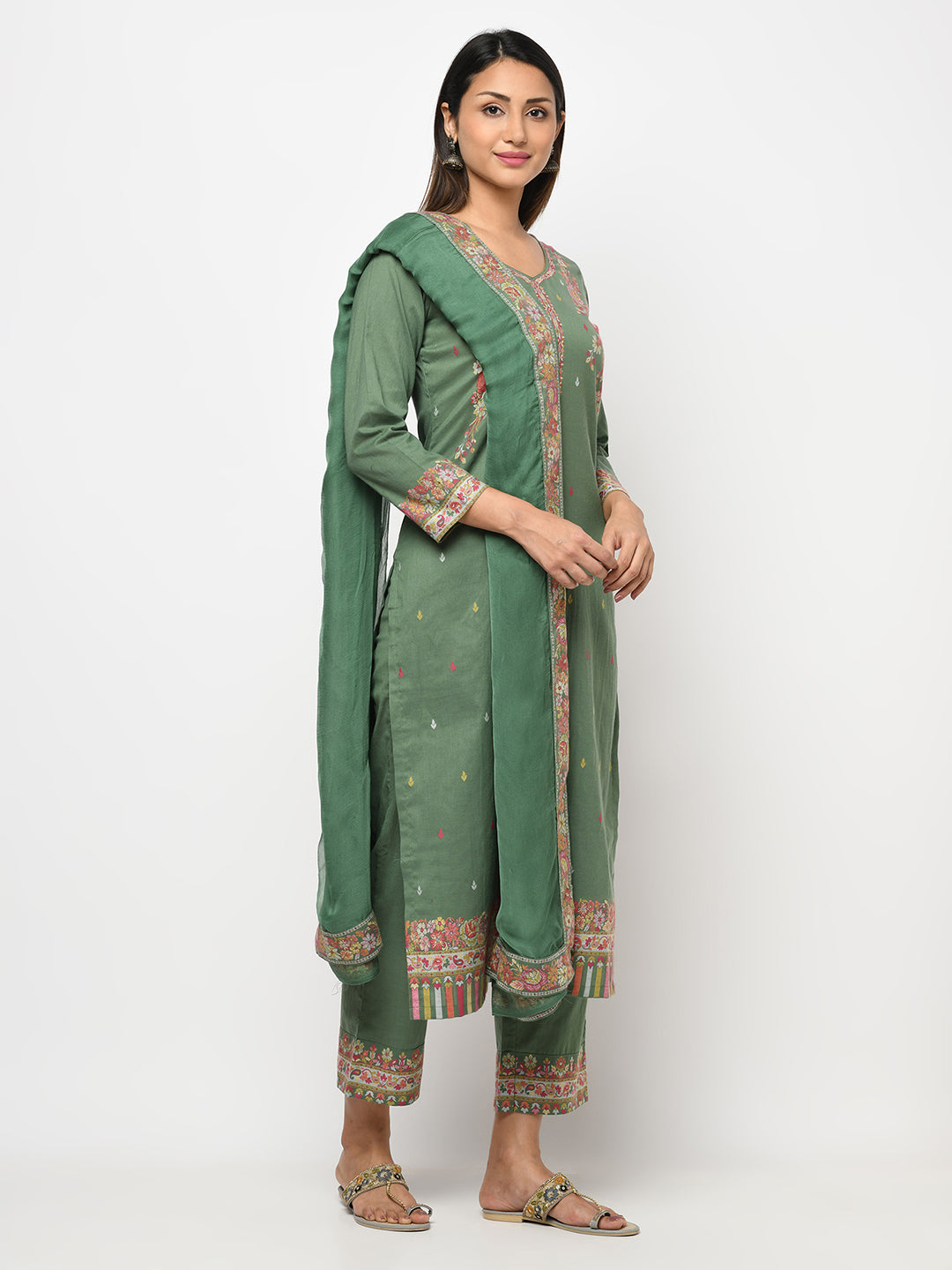 Cotton Kani Woven Green Dress Material With 4 Side Patti Dupatta