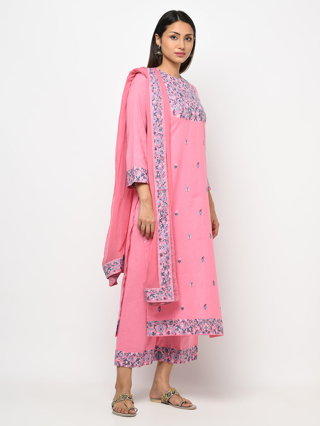Cotton Kani Woven Pink Dress Material With 4 Side Patti Dupatta