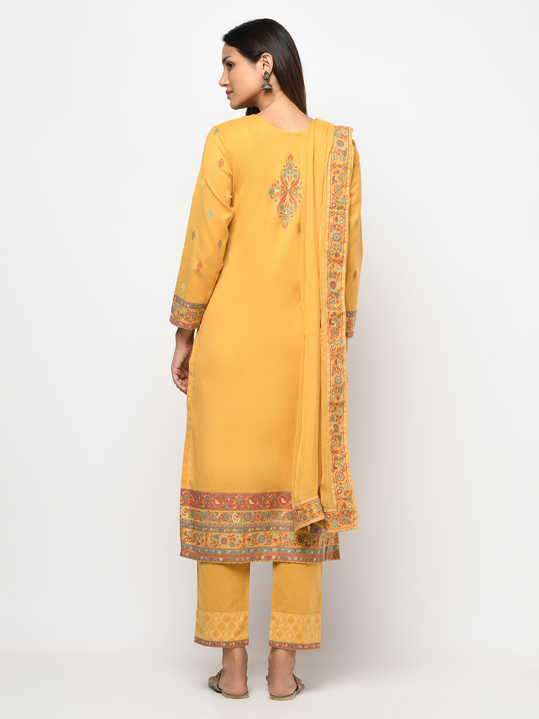Cotton Kani Woven Yellow Dress Material With 4 Side Patti Dupatta