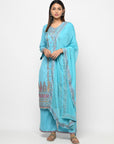 Cotton Kani Woven Sea Blue Dress Material With 4 Side Patti Dupatta
