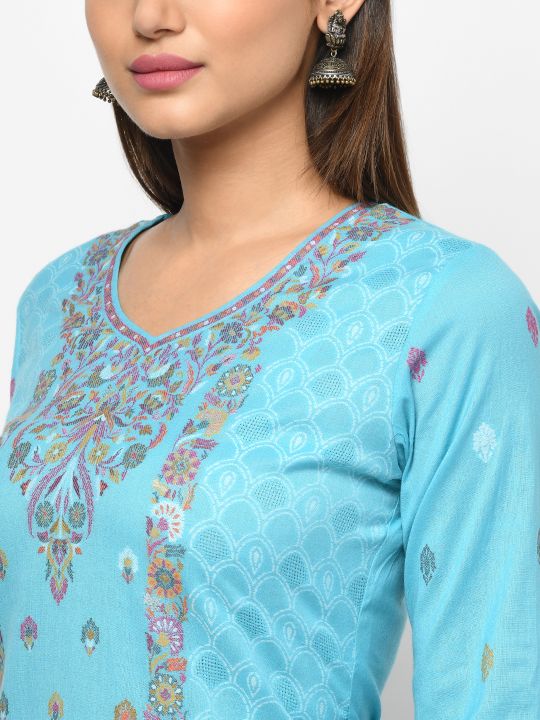 Cotton Kani Woven Sea Blue Dress Material With 4 Side Patti Dupatta