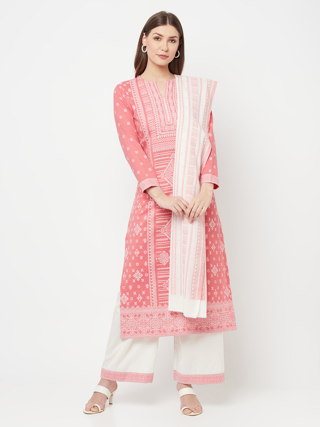 Safaa Women Cotton Woven Chikankari Design Unstitched Dress Material With Contrast Dupatta