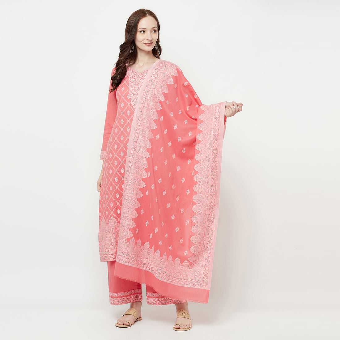 COTTON WOVEN CHIKANKARI PEACH DRESS MATERIAL WITH DUPATTA