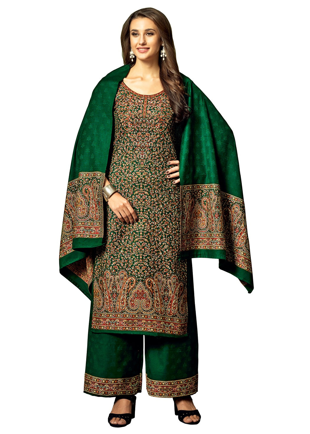 ACRO WOOL GREEN DRESS MATERIAL WITH STOLE