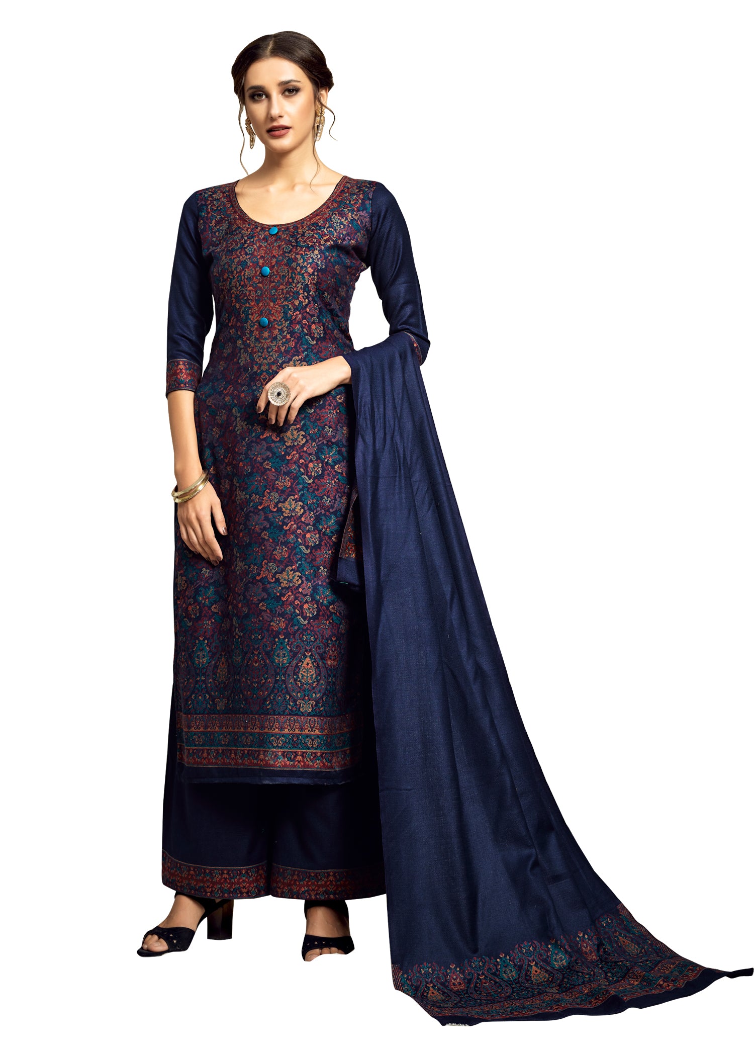 ACRO WOOL NAVY DRESS MATERIAL WITH STOLE