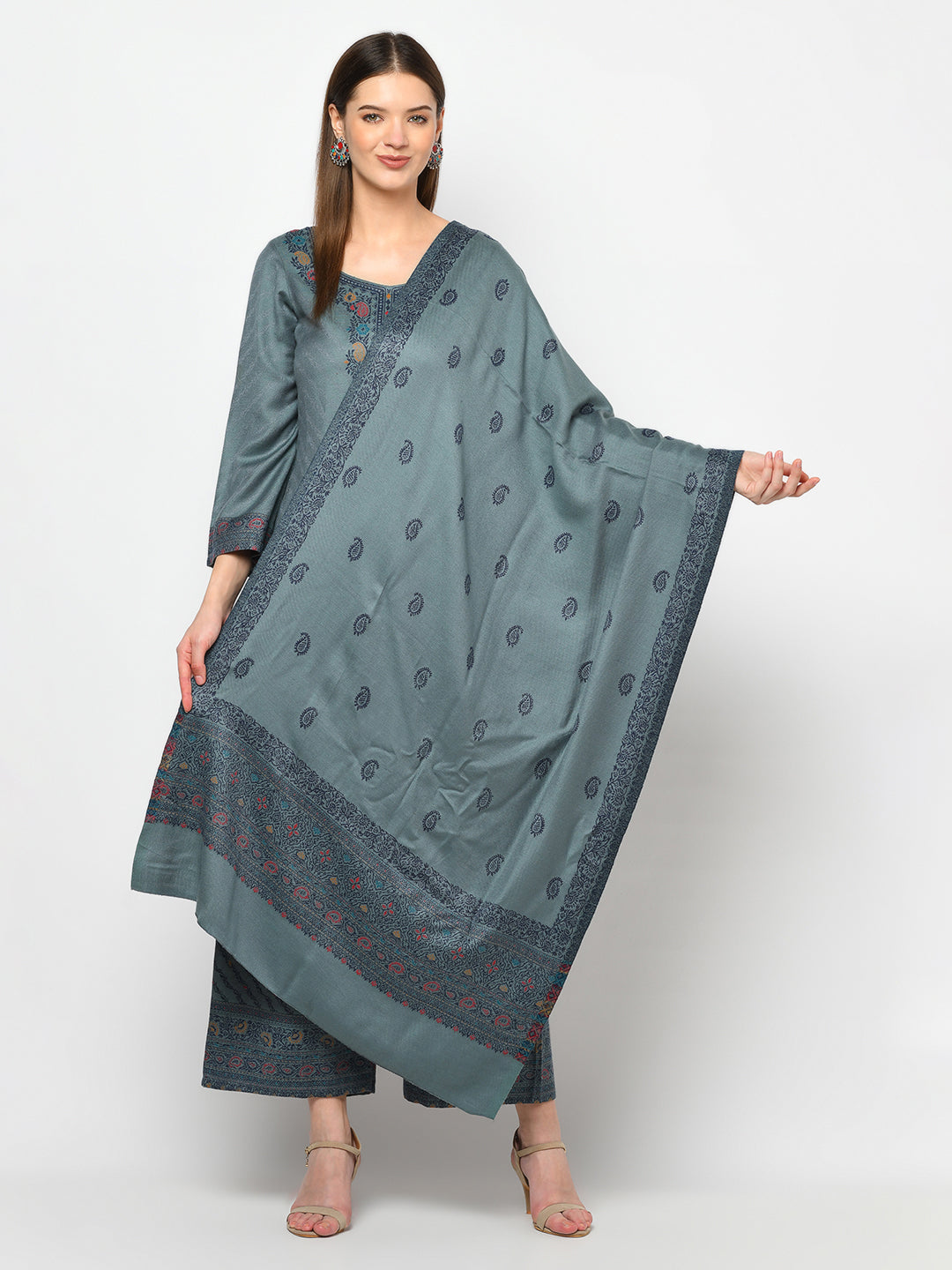 Acro Wool Grey Dress Material with Stole
