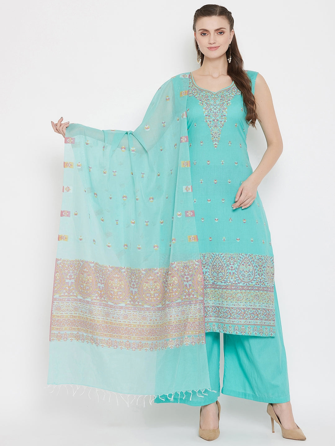 Cotton Kani Woven Sea Green Dress Material With 4 Side Patti Dupatta