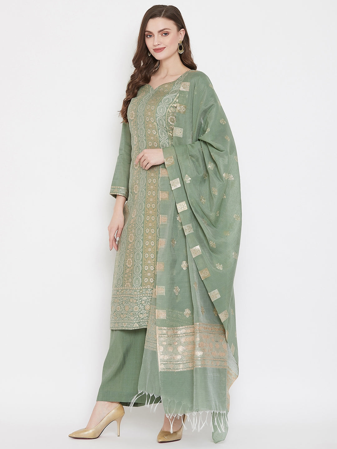 ORGANIC COTTON WOVEN LIGHT OLIVE DRESS MATERIAL WITH DUPATTA