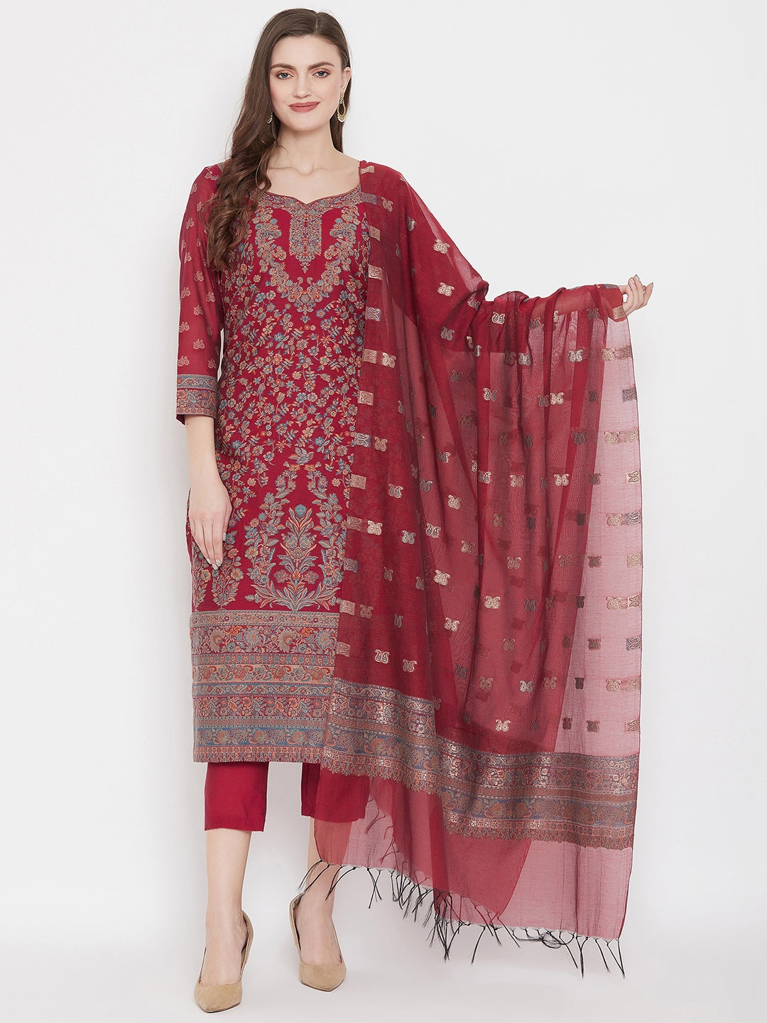 ORGANIC COTTON WOVEN MAROON DRESS MATERIAL WITH DUPATTA