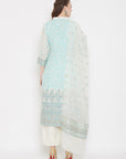 ORGANIC COTTON WOVEN WHITE SEA GREEN DRESS MATERIAL WITH DUPATTA