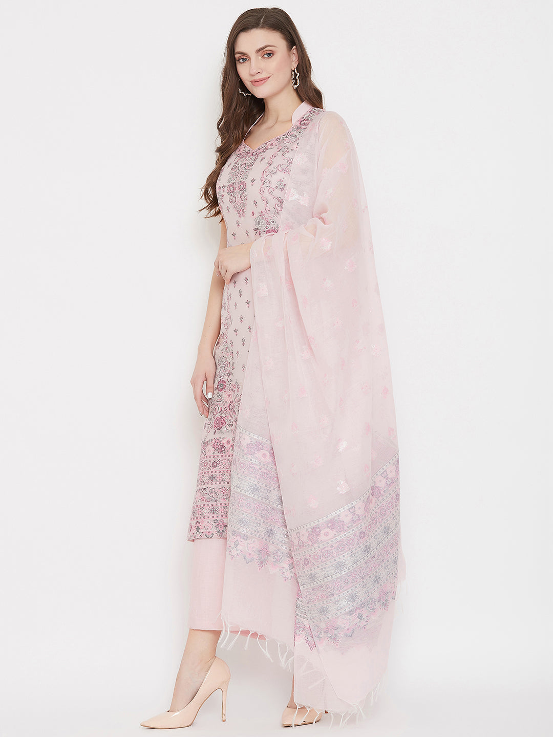 ORGANIC COTTON WOVEN PINK DRESS MATERIAL WITH DUPATTA