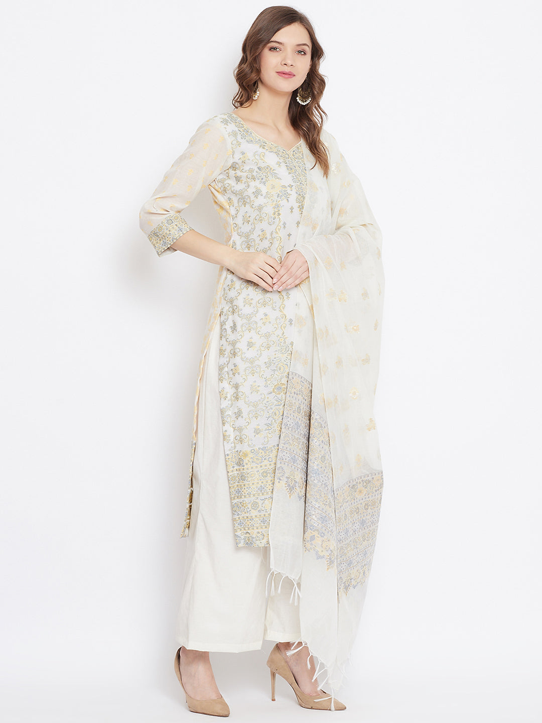 ORGANIC COTTON WOVEN WHITE YELLOW DRESS MATERIAL WITH DUPATTA
