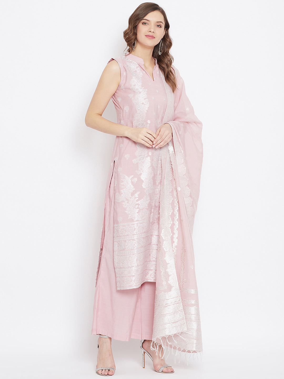 Cotton Silk Zari Woven Lpeach Dress Material with Dupatta