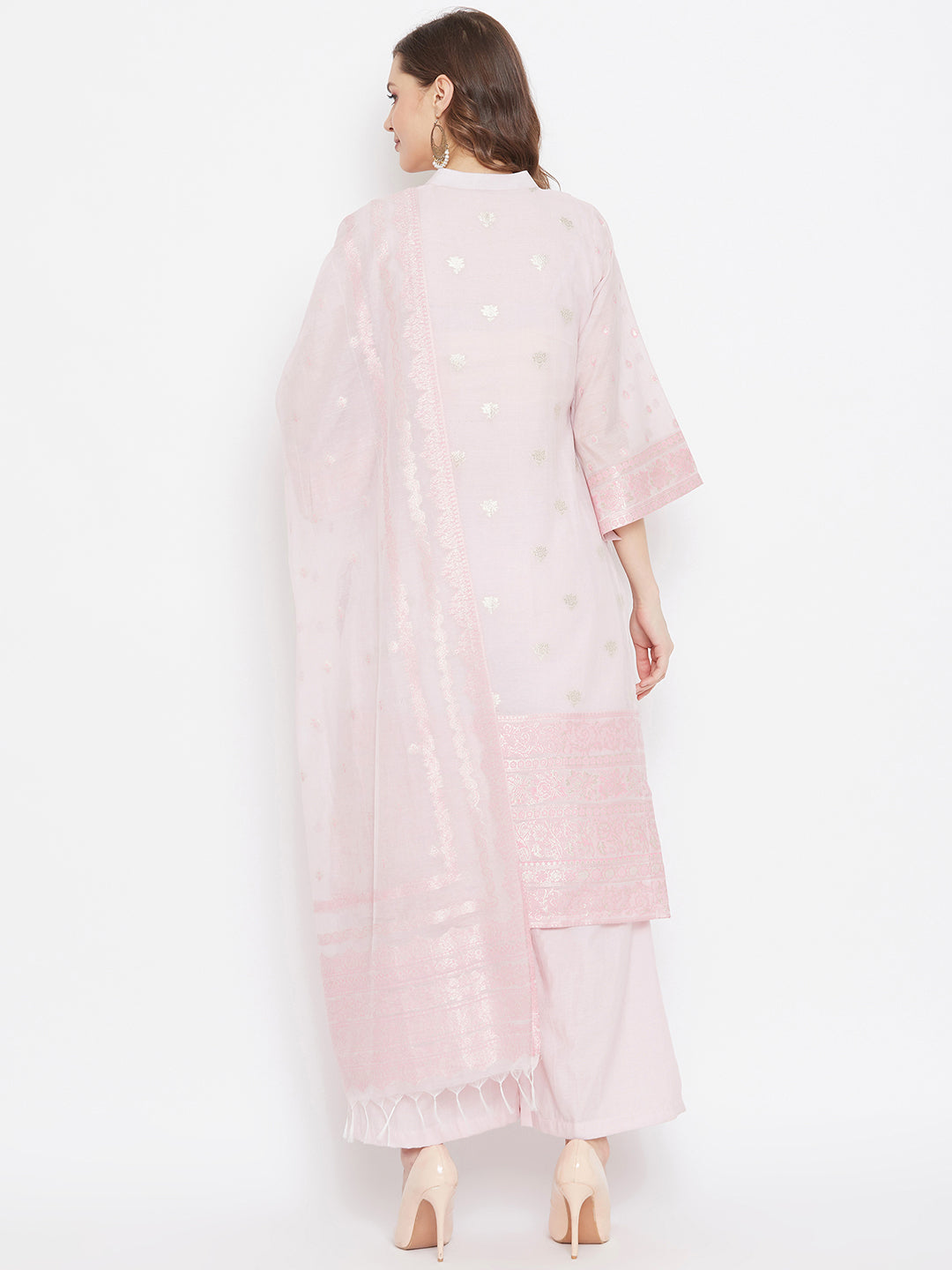 Cotton Silk Zari Woven Pink Dress Material with Dupatta
