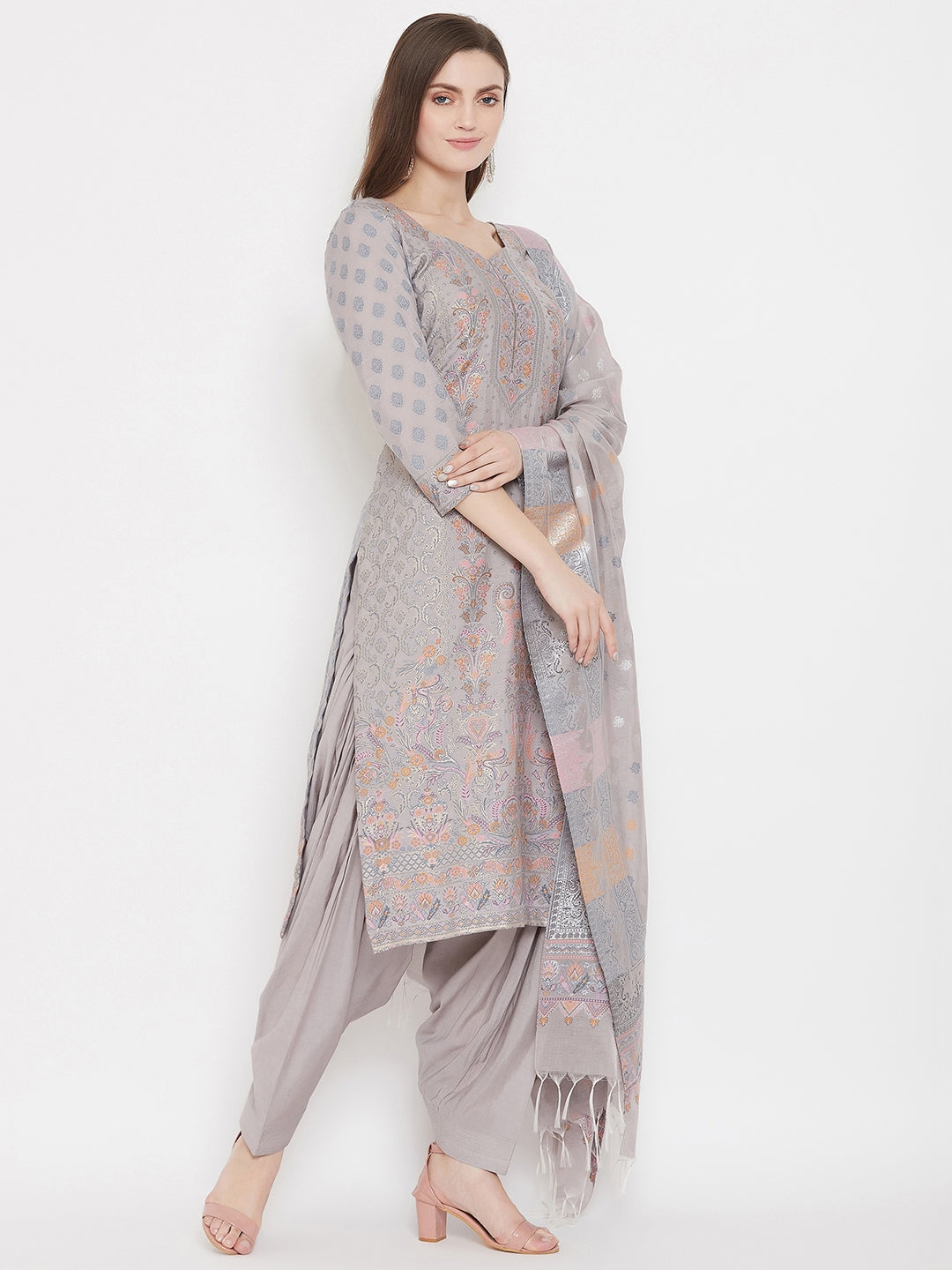 Organic Cotton Woven Grey Dress Material with Dupatta
