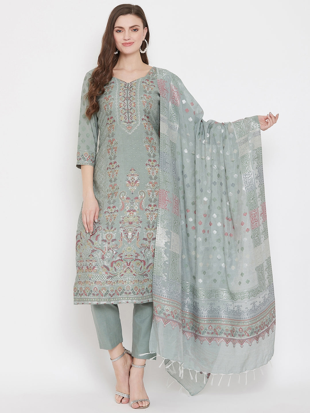 Organic Cotton Woven Light olive Dress Material with Dupatta
