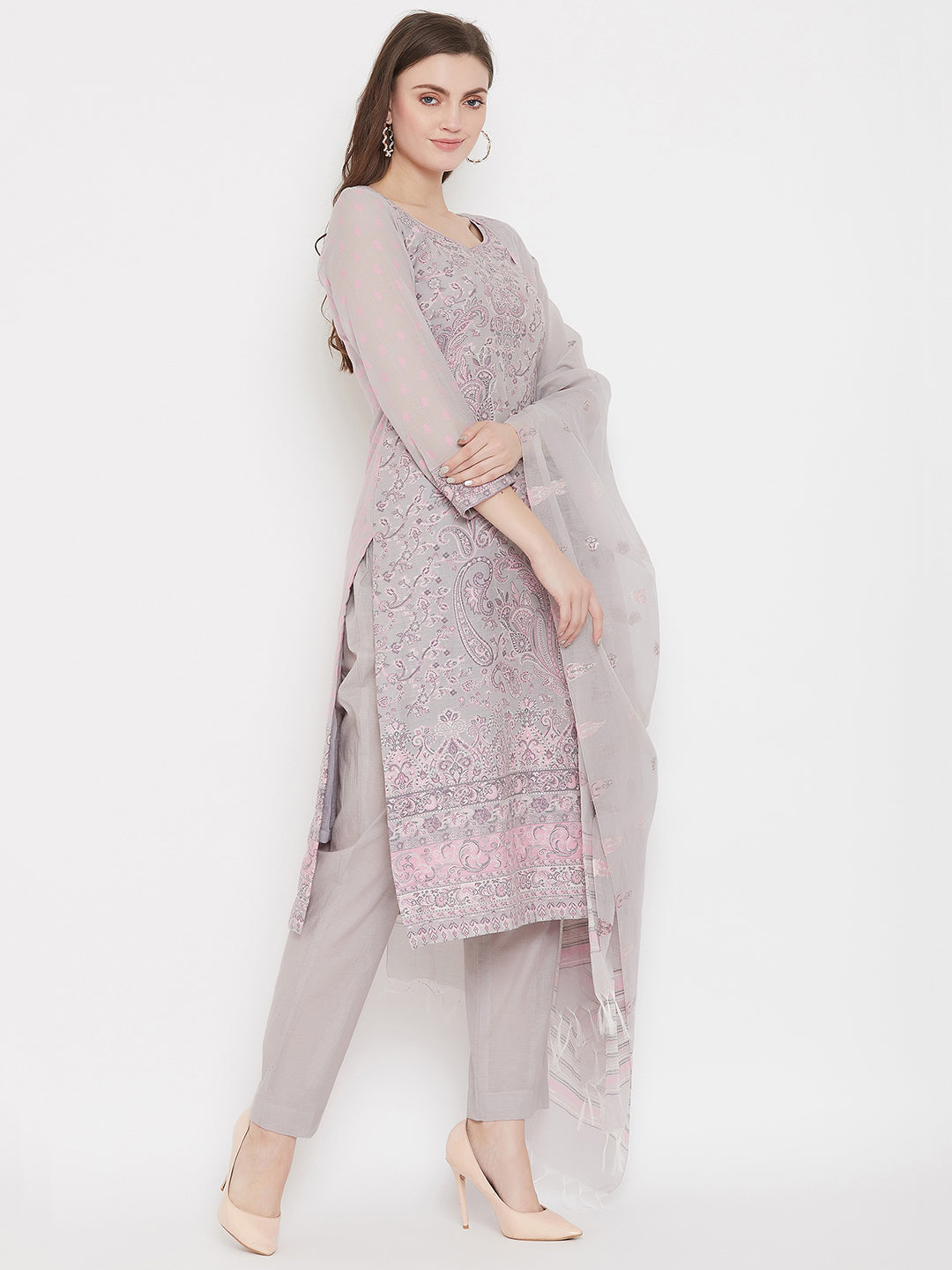ORGANIC COTTON WOVEN GREY DRESS MATERIAL WITH DUPATTA