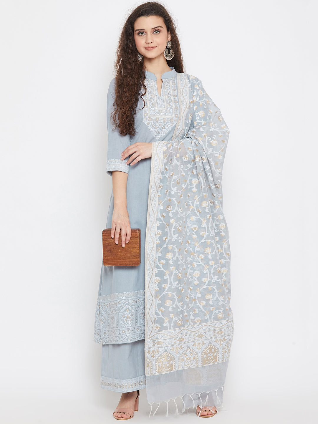 Cotton Jacquard Zari Woven Grey Dress Material with Cotton Silk Dupatta