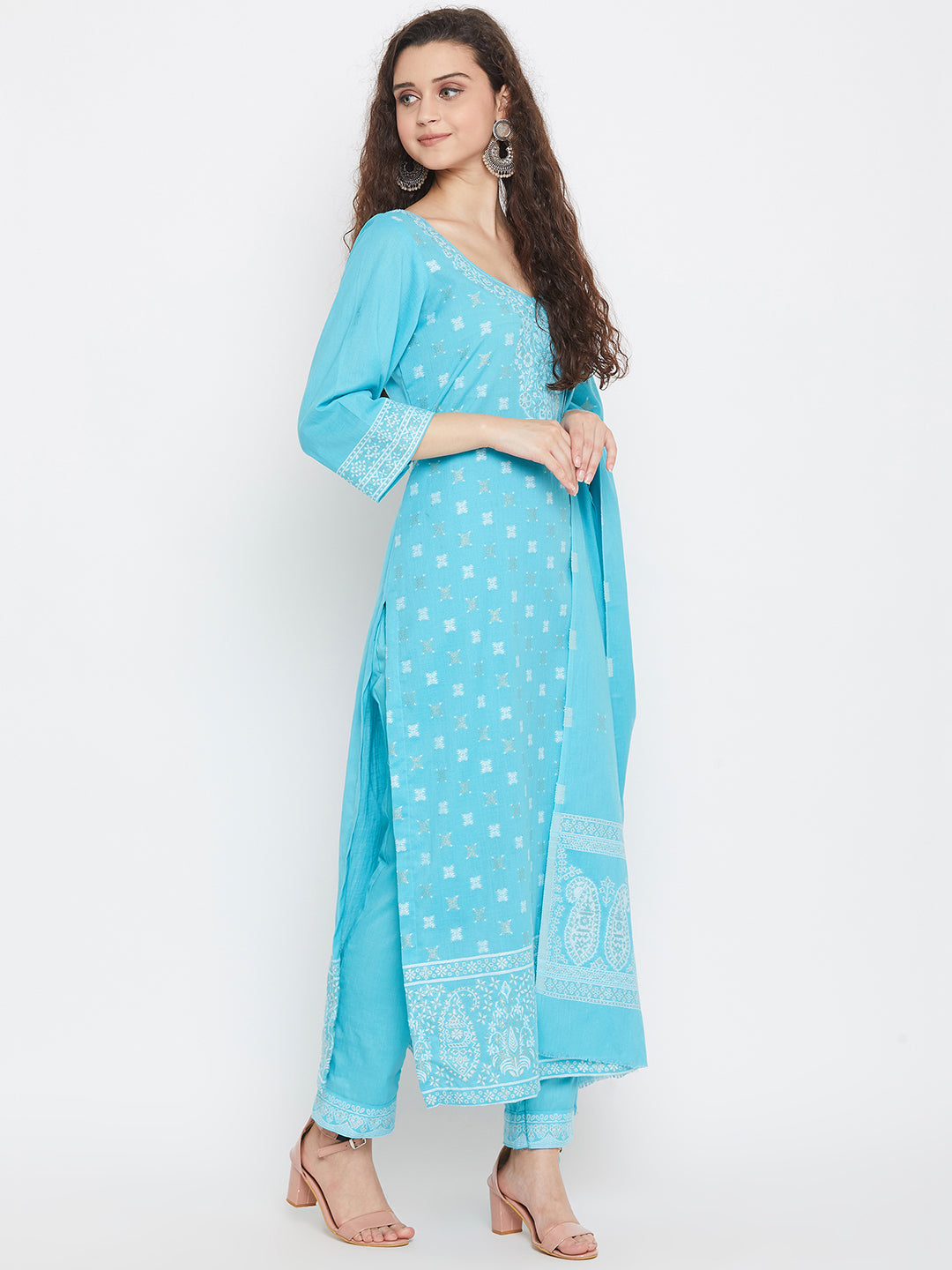 Cotton Jacquard Zari Woven Ferozi Dress Material with Cotton Silk Dupatta