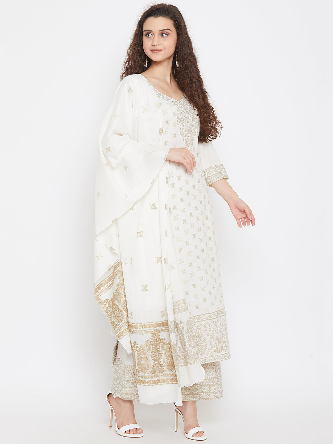 Cotton Jacquard Zari Woven White Dress Material with Cotton Silk Dupatta