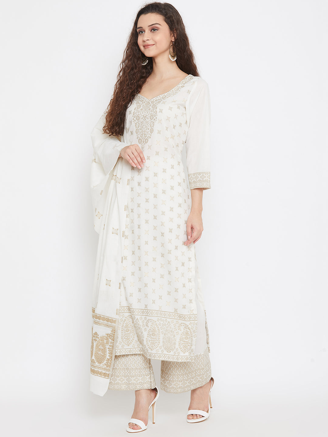 Cotton Jacquard Zari Woven White Dress Material with Cotton Silk Dupatta