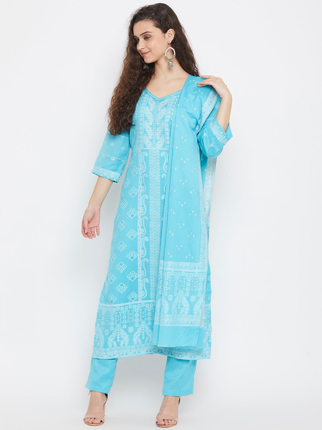 Cotton Jacquard Zari Woven Ferozi Dress Material with Cotton Silk Dupatta