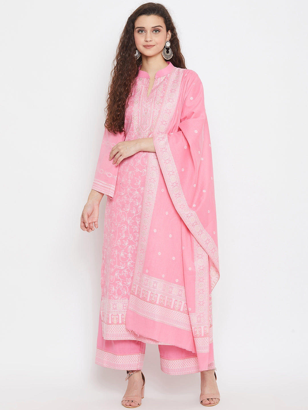 Cotton Jacquard Zari Woven Pink Dress Material with Cotton Silk Dupatta