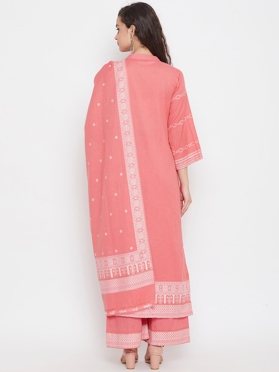Cotton Jacquard Zari Woven Peach Dress Material with Cotton Silk Dupatta