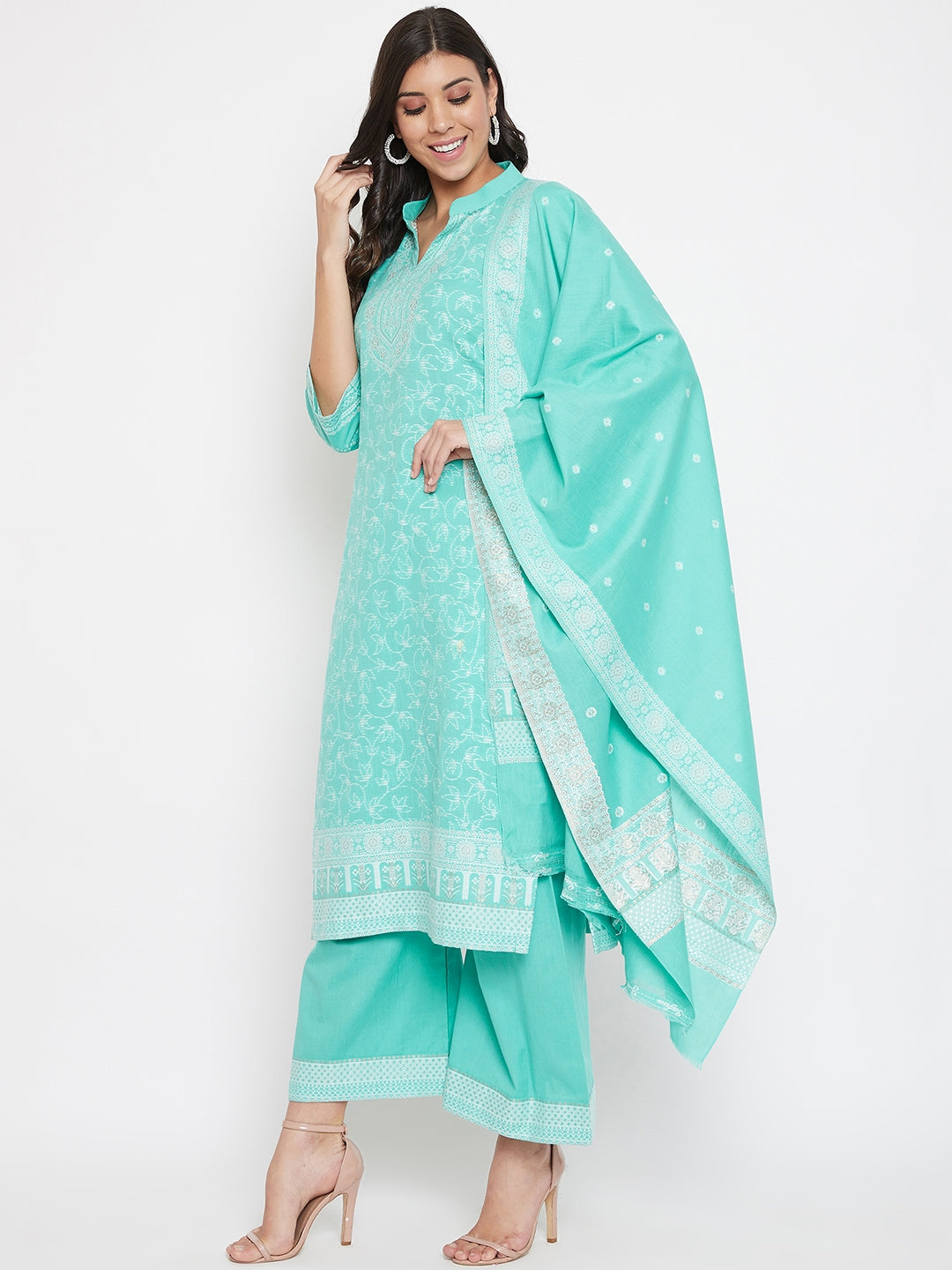 Cotton Jacquard Zari Woven Sea Green Dress Material with Cotton Silk Dupatta