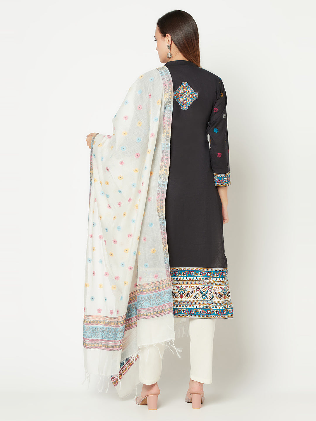Cotton Jacquard Zari Woven Black Dress Material with Cotton Silk Dupatta