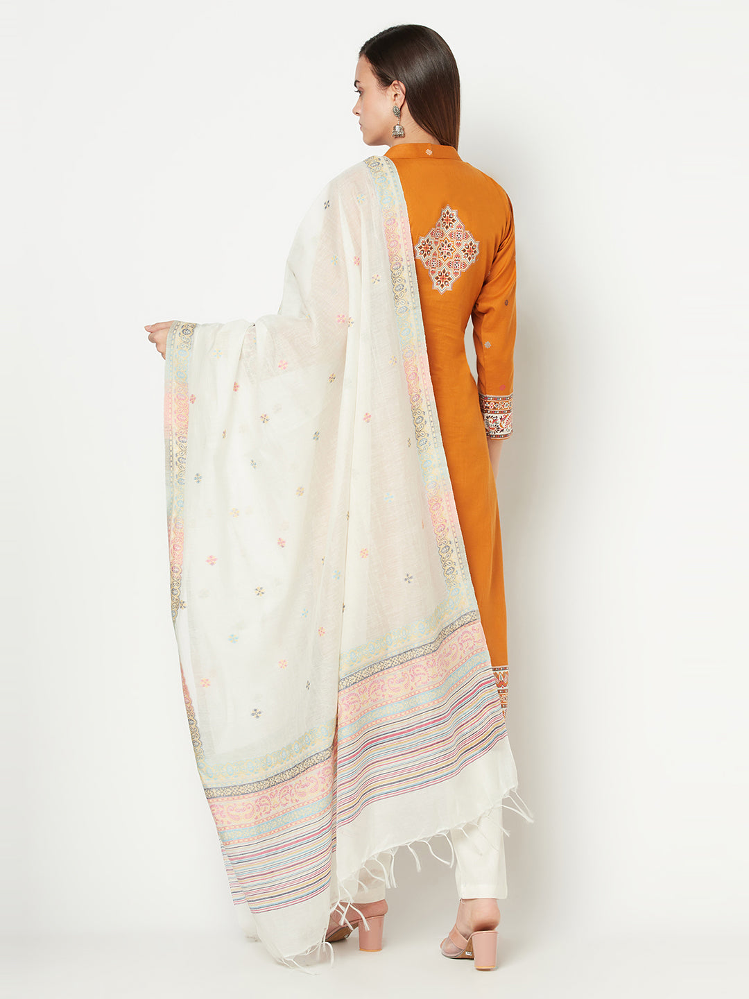 Cotton Jacquard Zari Woven Mustard Dress Material with Cotton Silk Dupatta
