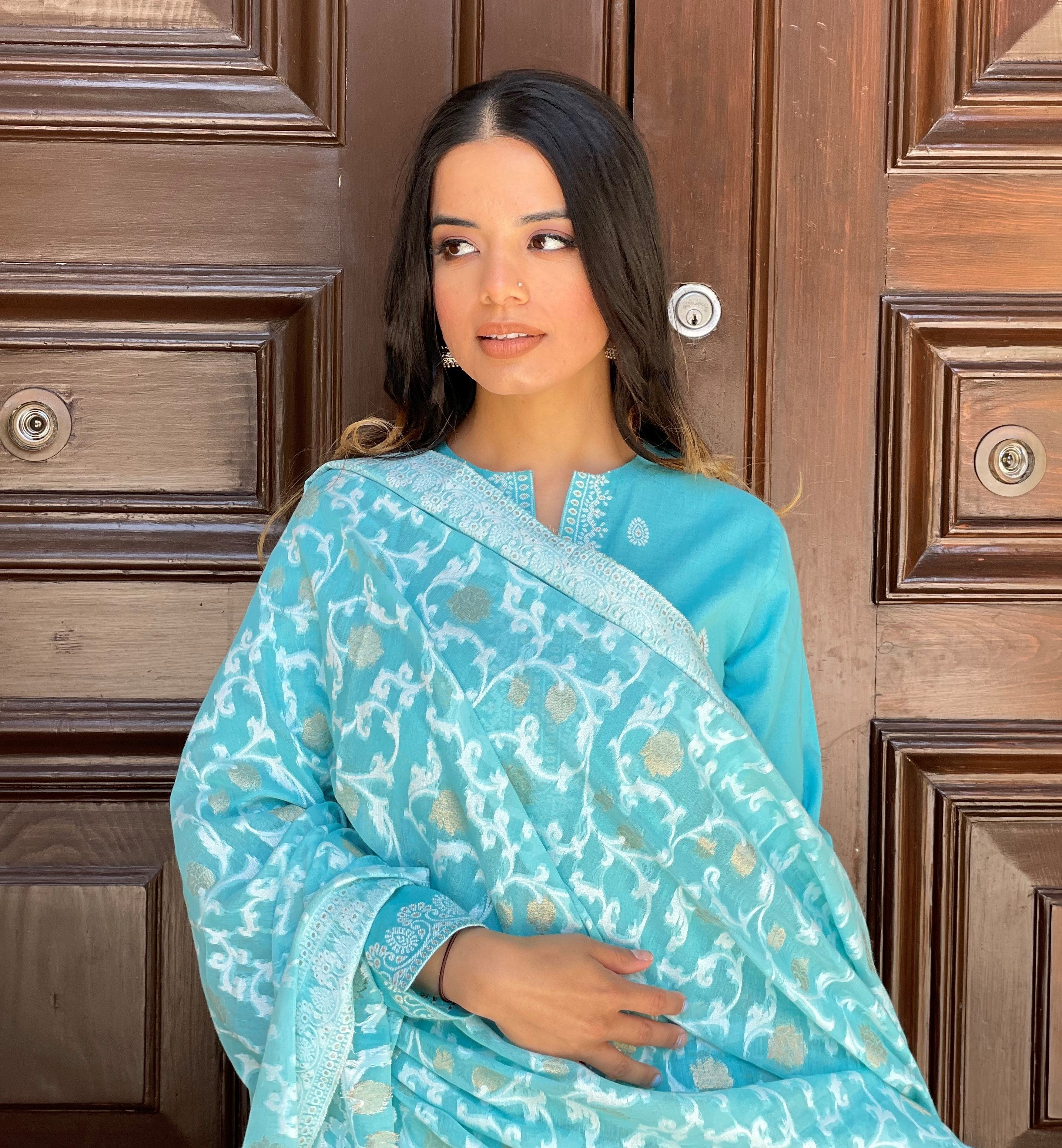 Cotton Woven Chikankari with Zari Design Unstitched Dress Material With Dupatta